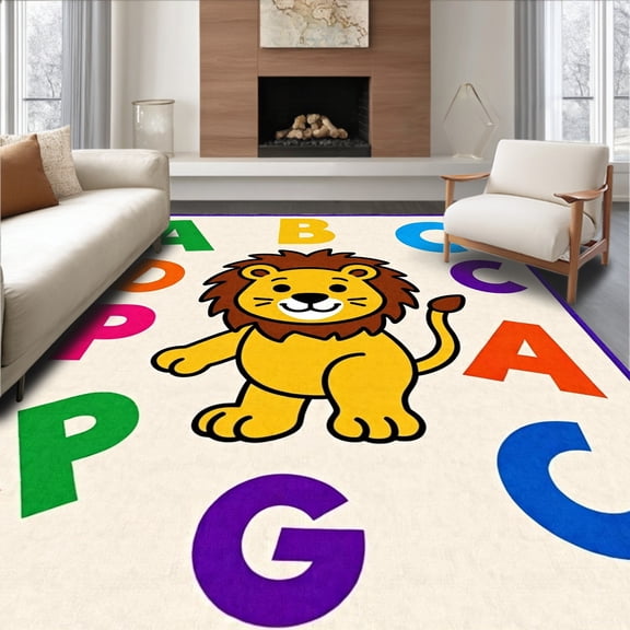 ODIKA 8'x10' Machine Washable Non-Slip Area Rug, Wild Safari Monarch Preschool Knowledge Featuring Friendly Beast High Traffic Rug, Yellow, 690026