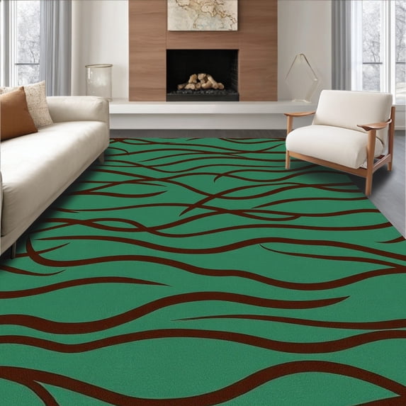 ODIKA 8'x10' Machine Washable Non-Slip Area Rug, Wild Wilderness Luxury Faux Fur Contemporary Touch Elegant High Traffic Rug, Green, 683667