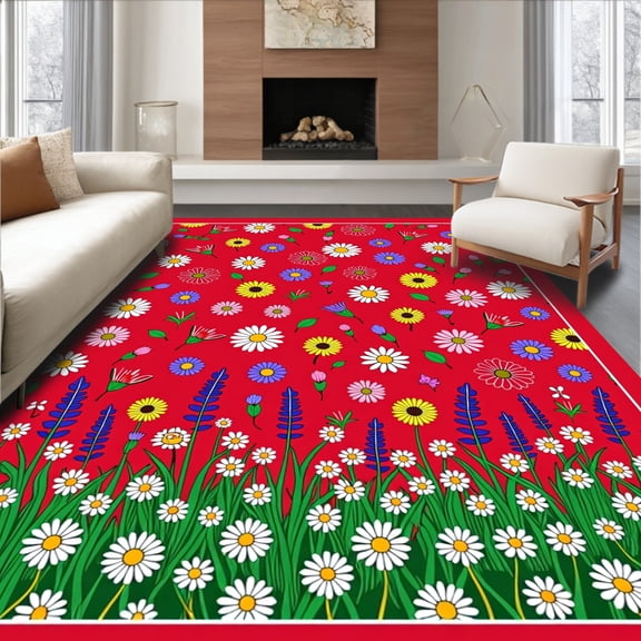 ODIKA 8'x10' Machine Washable Non-Slip Area Rug, Wildflower Meadow Blooms Latch Hook Kit Canvas Wall Hanging High Traffic Rug, Red, 716587