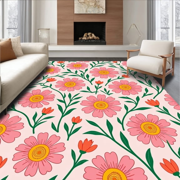 ODIKA 8'x10' Machine Washable Non-Slip Area Rug, Wildflower Meadow Interlocking Floral Motif with Boho Botanical Accents High Traffic Rug, Pink, 715614