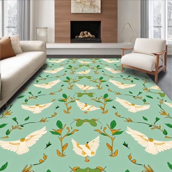 ODIKA 8'x10' Machine Washable Non-Slip Area Rug, Winged Meadow Dance Pastoral Illustration High Traffic Rug, Green, 547588