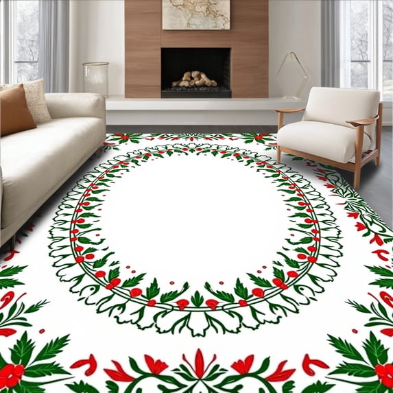 ODIKA 8'x10' Machine Washable Non-Slip Area Rug, Winter Foliage Medley with Holly Leaves Pine Sprigs and Festive Berry Swirls High Traffic Rug, Red, 736740