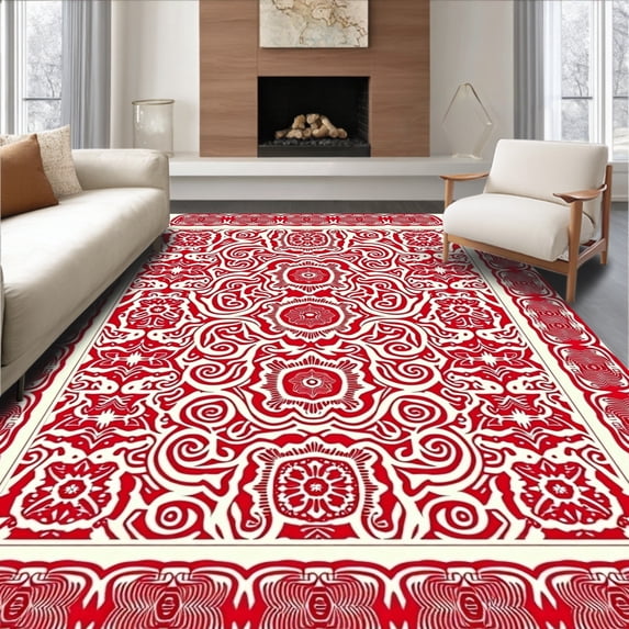 ODIKA 8'x10' Machine Washable Non-Slip Area Rug, Winter Medallion Design with Interlocking Stars and Swirling Lines High Traffic Rug with Pad, Red, 647096