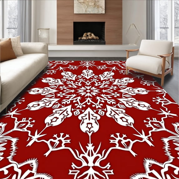 ODIKA 8'x10' Machine Washable Non-Slip Area Rug, Winter Snowflake Motif Inspired High Traffic Rug, Red, 611788