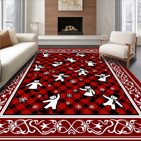 ODIKA 8'x10' Machine Washable Non-Slip Area Rug, Winter Snowman Dance with Vintage Plaid and Nordic Accents High Traffic Rug with Pad, Red, 732186