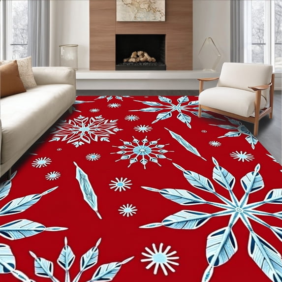 ODIKA 8'x10' Machine Washable Non-Slip Area Rug, Winter Wonderland Crystal Formation Tread Protectors High Traffic Rug, Red, 652079