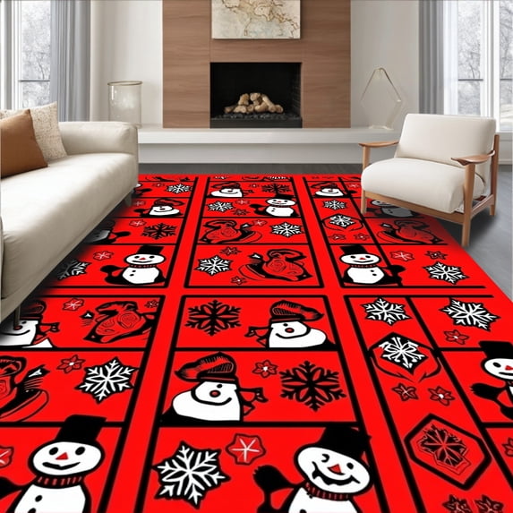 ODIKA 8'x10' Machine Washable Non-Slip Area Rug, Winter Wonderland Featuring Playful Snowman and Patterned Grid High Traffic Rug with Pad, Red, 732191
