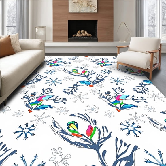 ODIKA 8'x10' Machine Washable Non-Slip Area Rug, Winter Wonderland Fishing Scene with Snowflakes and Pine Cones High Traffic Rug, Blue, 642989
