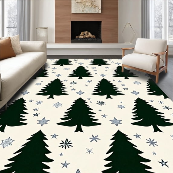 ODIKA 8'x10' Machine Washable Non-Slip Area Rug, Winter Wonderland Pine Tree Forest Holiday High Traffic Rug, Green, 654408