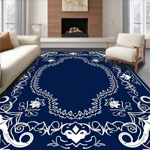ODIKA 8'x10' Machine Washable Non-Slip Area Rug, Winter Wonderland Xmas Bathroom Elegant Snowflake Toilet Cover High Traffic Rug, Blue, 735762
