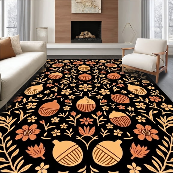 ODIKA 8'x10' Machine Washable Non-Slip Area Rug, Woodland Acorn Pine Cone Tree Stand Cover with Fall Florals High Traffic Rug, Black, 740538