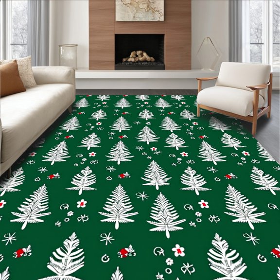 ODIKA 8'x10' Machine Washable Non-Slip Area Rug, Yuletide Fir Branch Pathway Celebration Seasonal Accent High Traffic Rug, Green, 501128