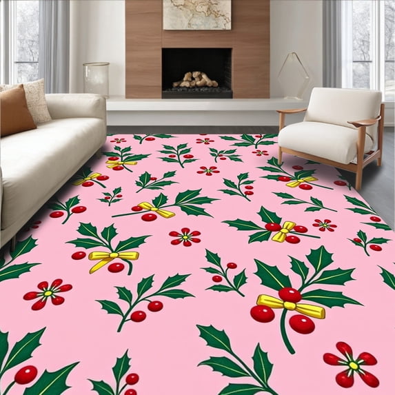 ODIKA 8'x10' Machine Washable Non-Slip Area Rug, Yuletide Holly Berry Wreath Cross Stitch Kit for Seasonal High Traffic Rug, Pink, 650765