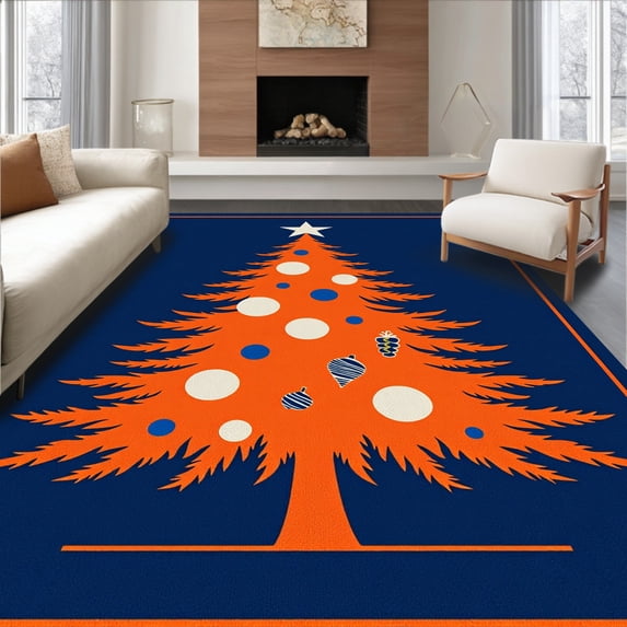 ODIKA 8'x10' Machine Washable Non-Slip Area Rug, Yuletide Pine Semicircular Welcome Hearth High Traffic Rug with Pad, Blue, 605538