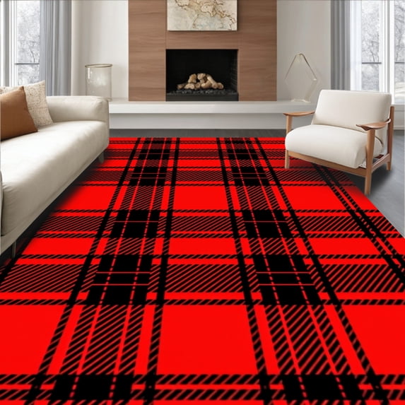 ODIKA 8'x10' Machine Washable Non-Slip Area Rug, Yuletide Tartan Entrance Greeting Seasonal High Traffic Rug, Red, 504050