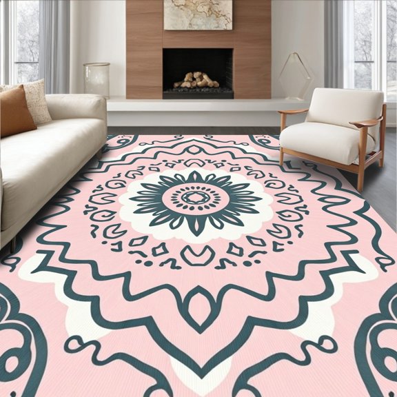 ODIKA 8'x10' Machine Washable Non-Slip Area Rug, with Whimsical Petal Motifs and Swirls High Traffic Rug, Pink, 466628