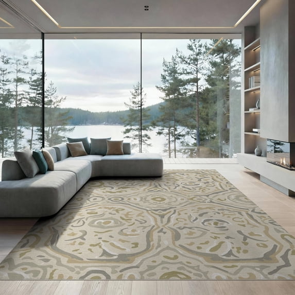 ODIKA 9'x12' Beige Abstract Medallion Design Washable Area Rug Intricate Inspired Pattern Motif Non-Shedding, Easy Care for Master Suite, California King, Under Bed