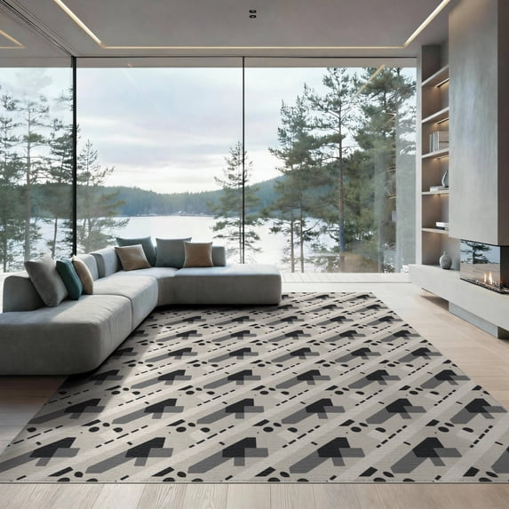 ODIKA 9'x12' Beige Black Geometric Pattern Design Washable Area Rug Modern Abstract Shapes with Diagonal Lines Low Pile, Flatwoven, for Great Room, Indoor Concept, Large Living