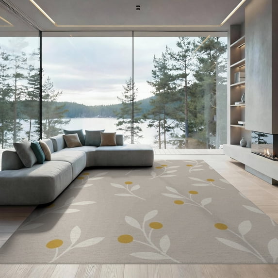 ODIKA 9'x12' Beige Elegance with Mustard Botanical Washable Area Rug Chic Minimalist Daisy Pattern for Modern Decor for Dining Room, Basement, Large Office, Non-Slip Chair-Friendly