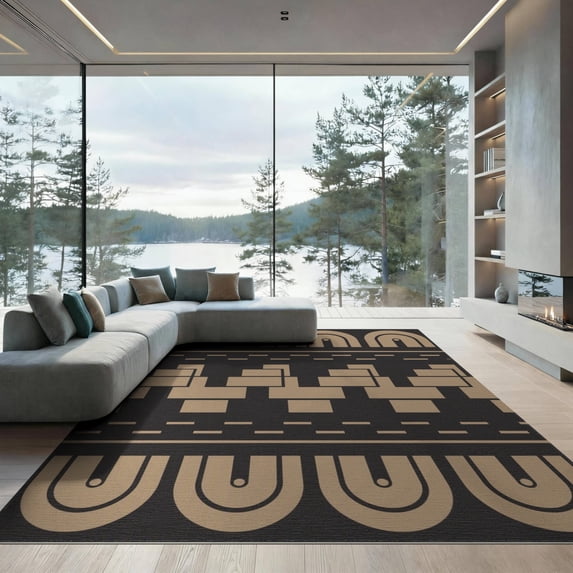 ODIKA 9'x12' Beige Geometric Contemporary Arch Washable Area Rug Modern Abstract Architectural Motifs With Interlocking Rectangular for Great Room, Indoor Concept, Large Living Low Pile, Flatwoven