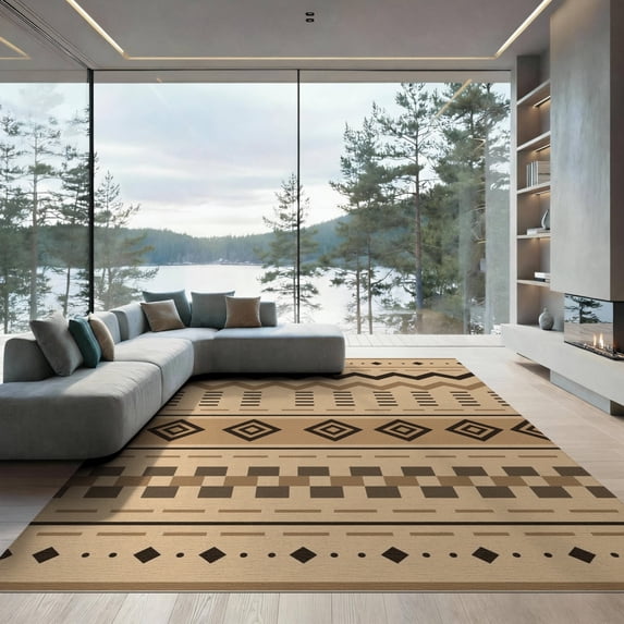 ODIKA 9'x12' Beige Geometric Espresso Design Washable Area Rug Intricate Inspired Pattern Motif Non-Shedding, Easy Care for Master Suite, California King, Under Bed