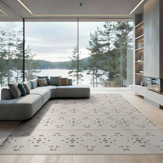 ODIKA 9'x12' Beige Geometric Pattern Design Washable Area Rug Contemporary Hourglass Motif for Dining Room, Basement, Large Office, Non-Slip Chair-Friendly