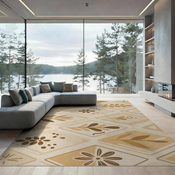 ODIKA 9'x12' Beige Gold Diamond Botanical Leaf Floral Washable Area Rug Traditional Geometric Squares with Nature Motifs for Master Suite, California King, Under Bed, Non-Shedding, Easy Care