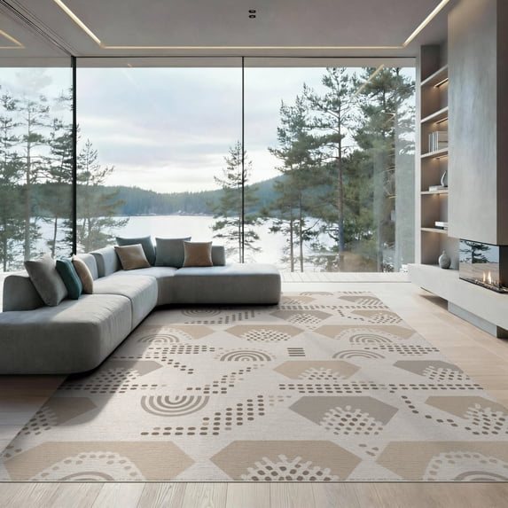 ODIKA 9'x12' Beige Gray Hexagonal Rainbow Dotted Washable Area Rug Modern Scandinavian Inspired Honeycomb Motif Non-Slip, Chair-Friendly for Dining Room, Basement, Large Office