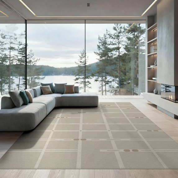 ODIKA 9'x12' Beige Gray Modern Design Washable Area Rug Contemporary Grid Pattern with Minimalist Style Non-Shedding, Easy Care for Master Suite, California King, Under Bed