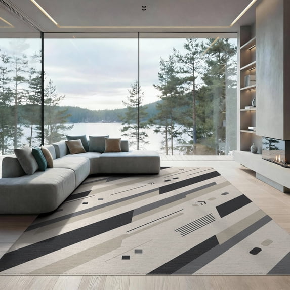 ODIKA 9'x12' Beige Grey Modern Geometric Design Washable Area Rug Dynamic Abstract Lines with Subtle Accents Non-Shedding, Easy Care for Master Suite, California King, Under Bed