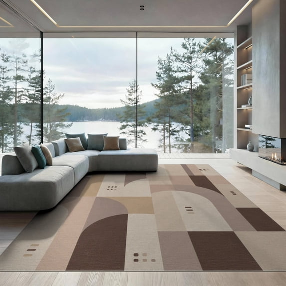 ODIKA 9'x12' Beige Ombre Neutral Geometric Washable Area Rug Contemporary Modernist Architectural Blocks Curved Minimalist Non-Shedding, Easy Care for Master Suite, California King, Under Bed