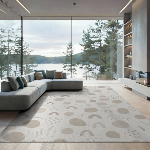 ODIKA 9'x12' Beige Rainbow Dots Abstract Geometric Washable Area Rug Contemporary Whimsical Scattered Motifs With Playful Shapes Low Pile, Flatwoven, for Great Room, Indoor Concept, Large Living