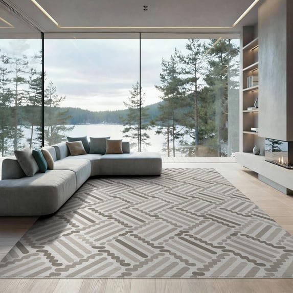 ODIKA 9'x12' Beige Taupe Geometric Crisscross Washable Area Rug Modern Handwoven Pattern for Indoor/Outdoor Low Pile, Flatwoven, for Great Room, Indoor Concept, Large Living