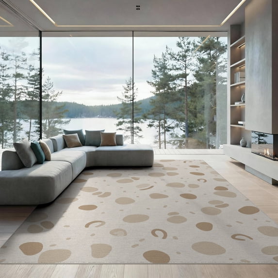 ODIKA 9'x12' Beige Warm Abstract Spotted Washable Area Rug Playful Scattered Dots Minimalist Modern Geometric Low Pile, Flatwoven, for Great Room, Indoor Concept, Large Living