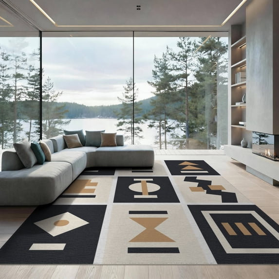 ODIKA 9'x12' Black Beige Neutral Geometric Abstract Washable Area Rug Contemporary Handwoven Style for Dining Room, Basement, Large Office, Non-Slip Chair-Friendly