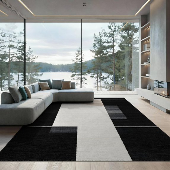 ODIKA 9'x12' Black Contemporary Geometric Pile Washable Area Rug Subtle Brushstroke Marks Asymmetric Modern Flat Design Non-Shedding, Easy Care for Master Suite, California King, Under Bed