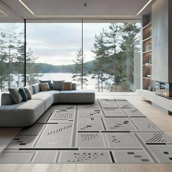 ODIKA 9'x12' Black Gray Geometric Marled Design Washable Area Rug Modern Handwoven Abstract Pattern Style for Dining Room, Basement, Large Office, Non-Slip Chair-Friendly
