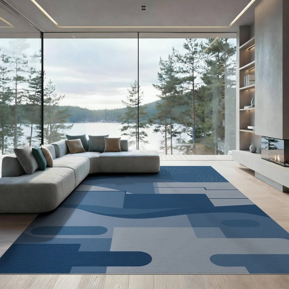 ODIKA 9'x12' Blue Abstract Geometric Contemporary Washable Area Rug Modern Layered Shapes With Dotted Accents Hand for Dining Room, Basement, Large Office, Non-Slip Chair-Friendly