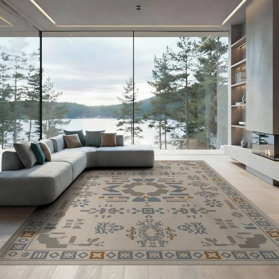 ODIKA 9'x12' Blue Beige Geometric Medallion Design Washable Area Rug Intricate Symmetrical Pattern with Border Details for Great Room, Indoor Concept, Large Living Low Pile, Flatwoven