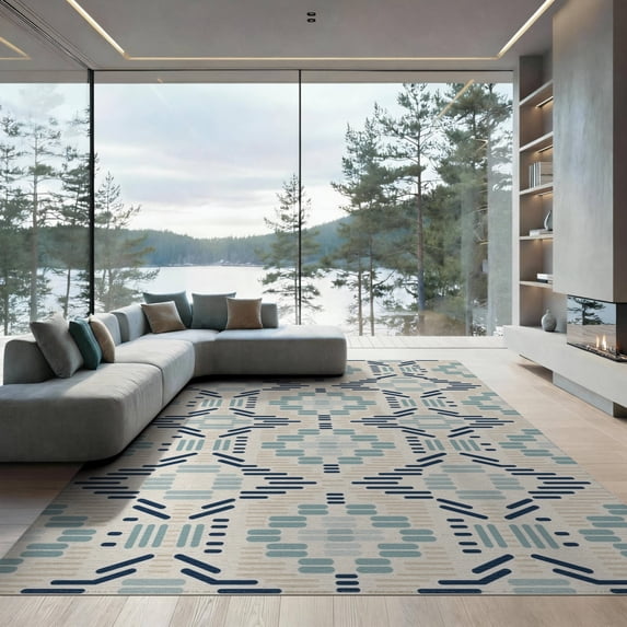 ODIKA 9'x12' Blue Beige Geometric Pattern Washable Area Rug Modern Abstract Striped Motif Repeating Diamond Non-Shedding, Easy Care for Master Suite, California King, Under Bed