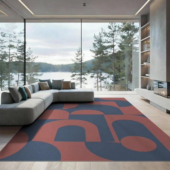 ODIKA 9'x12' Blue Coral Geometric Harmony Design Washable Area Rug Elegant Mid-Century Modern Inspired Pattern for Master Suite, California King, Under Bed, Non-Shedding, Easy Care