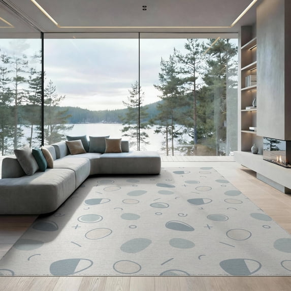 ODIKA 9'x12' Blue Cream Ocean Abstract Washable Area Rug Modern Geometric Design with Subtle Elegance for Great Room, Indoor Concept, Large Living Low Pile, Flatwoven