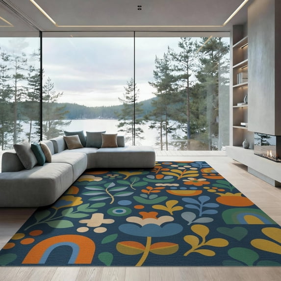 Popular Blue Rug ODIKA 9'x12' Blue Retro Floral Garden Design Washable Area Rug 60s 70s ...