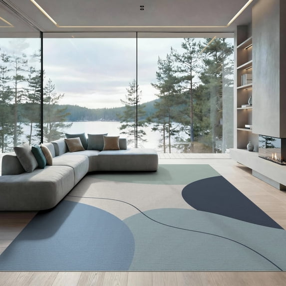 ODIKA 9'x12' Blue Seafoam Geometric Elegance Washable Area Rug Modern Abstract Design with Soft Curves Low Pile, Flatwoven, for Great Room, Indoor Concept, Large Living