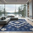 thumbnail image 1 of ODIKA 9'x12' Blue White Geometric Kilim Design Washable Area Rug Intricate Handwoven Pattern with Bold Motifs for Dining Room, Basement, Large Office, Non-Slip Chair-Friendly, 1 of 7