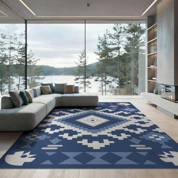 ODIKA 9'x12' Blue White Geometric Kilim Design Washable Area Rug Intricate Handwoven Pattern with Bold Motifs for Dining Room, Basement, Large Office, Non-Slip Chair-Friendly