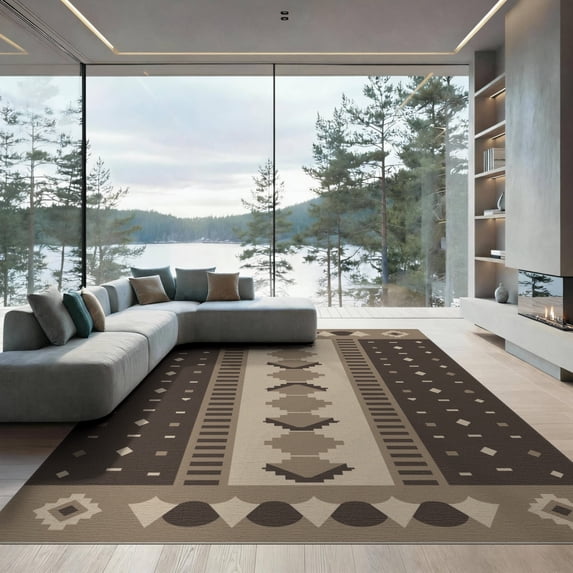 ODIKA 9'x12' Brown Beige Geometric Modern Border Washable Area Rug Contemporary Pattern with Shapes Non-Shedding, Easy Care for Master Suite, California King, Under Bed