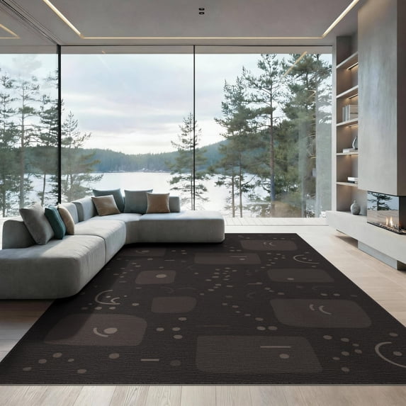 ODIKA 9'x12' Brown Dark Mottled Geometric Abstract Washable Area Rug Contemporary Rounded Square Motifs with Scattered for Great Room, Indoor Concept, Large Living Low Pile, Flatwoven