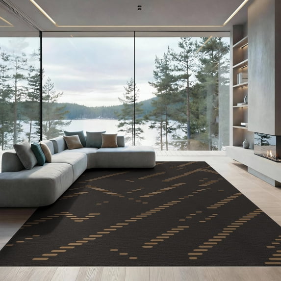 ODIKA 9'x12' Brown Green Modern Bohemian Stripes Washable Area Rug Contemporary Geometric Line Design Low Pile, Flatwoven, for Great Room, Indoor Concept, Large Living
