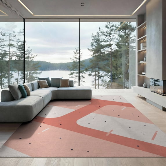 ODIKA 9'x12' Coral Cream Abstract Wavy Stripes Dotted Washable Area Rug Modern Geometric Flowing Bands with Scattered for Dining Room, Basement, Large Office, Non-Slip Chair-Friendly